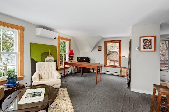 47 Bay View St, Camden, ME 04843 - home office featuring a wall unit AC, a baseboard radiator, dark colored carpet, baseboards, and lofted ceiling