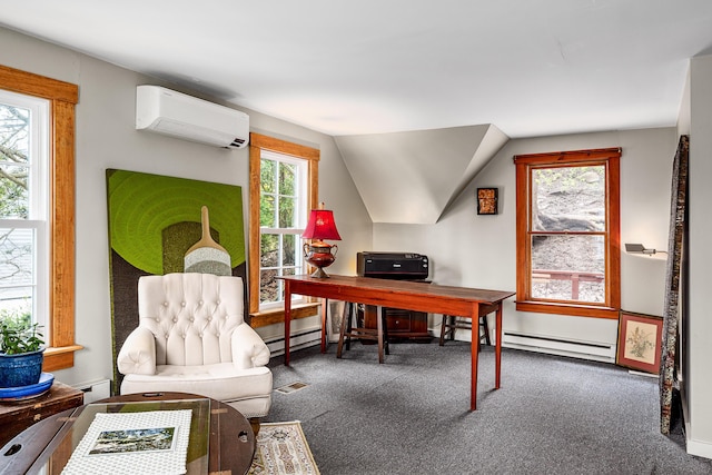 47 Bay View St, Camden, ME 04843 - carpeted office space with a wall mounted air conditioner, baseboard heating, and lofted ceiling