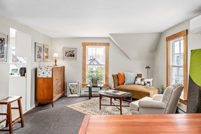 47 Bay View St, Camden, ME 04843 - living room with carpet floors, plenty of natural light, a baseboard heating unit, and an AC wall unit