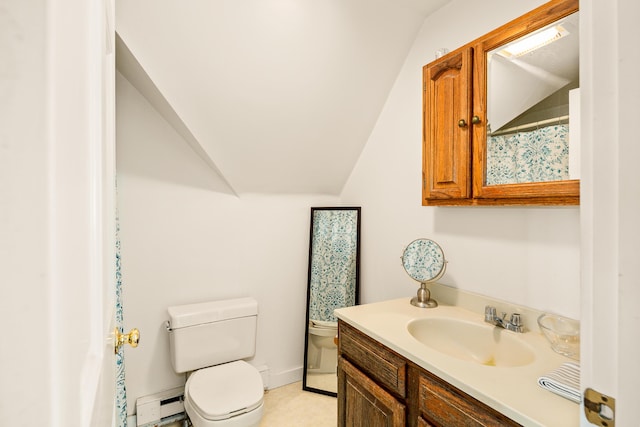 47 Bay View St, Camden, ME 04843 - full bath featuring lofted ceiling, toilet, a baseboard radiator, and vanity