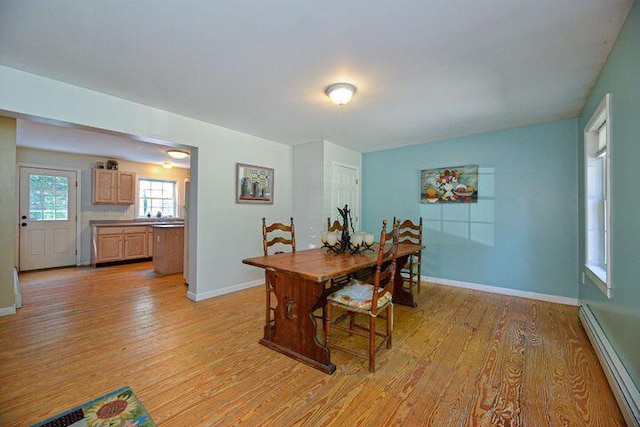 16 Dragonfly Ln, Kennebunkport, ME 04046 - dining area with baseboard heating, light wood-style flooring, and baseboards