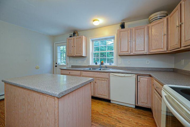 16 Dragonfly Ln, Kennebunkport, ME 04046 - kitchen with white dishwasher, light brown cabinetry, a sink, and light wood-style flooring