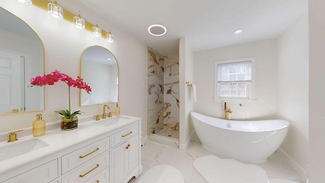 12 Summit Ter, Falmouth, ME 04105 - full bathroom featuring double vanity, a sink, a freestanding tub, and a stall shower