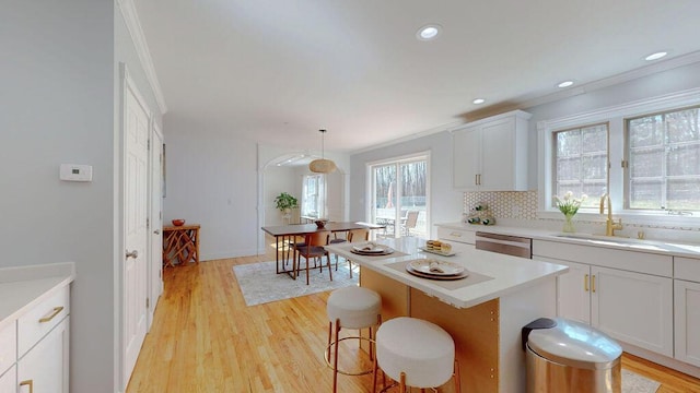 12 Summit Ter, Falmouth, ME 04105 - kitchen featuring stainless steel dishwasher, light wood-style floors, light countertops, white cabinetry, and a sink