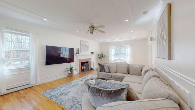 12 Summit Ter, Falmouth, ME 04105 - living area featuring a fireplace, recessed lighting, ceiling fan, and light wood-style floors