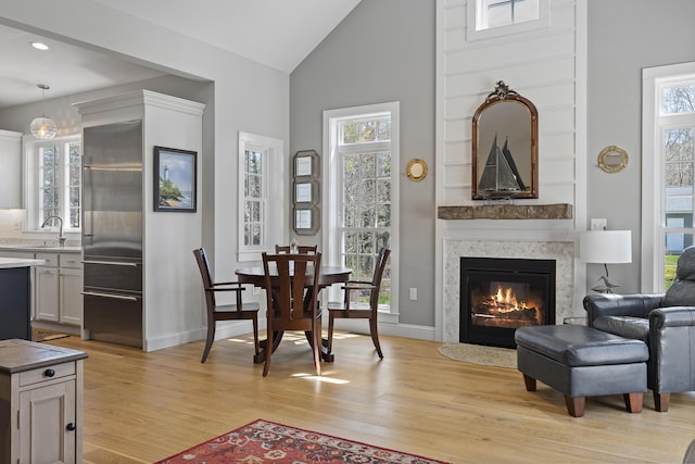 3 Flagship Cir, Kennebunk, ME 04043 - sitting room with light wood-style flooring, healthy amount of natural light, a fireplace, high vaulted ceiling, and baseboards
