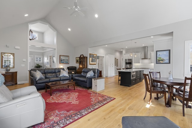 3 Flagship Cir, Kennebunk, ME 04043 - living room featuring high vaulted ceiling, a ceiling fan, light wood-style flooring, and recessed lighting