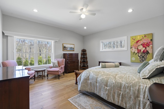 3 Flagship Cir, Kennebunk, ME 04043 - bedroom with light wood-type flooring, recessed lighting, vaulted ceiling, and a ceiling fan