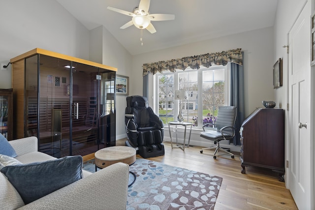 3 Flagship Cir, Kennebunk, ME 04043 - living area featuring hardwood / wood-style floors, ceiling fan, baseboards, and high vaulted ceiling