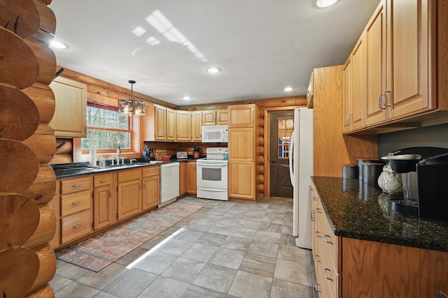370 Point Rd, Belgrade, ME 04917 - kitchen with recessed lighting, a sink, log walls, and white appliances