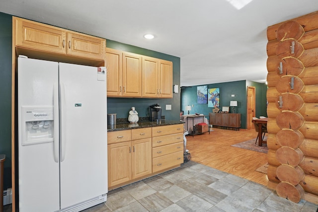 370 Point Rd, Belgrade, ME 04917 - kitchen featuring rustic walls, open floor plan, light brown cabinets, white fridge with ice dispenser, and recessed lighting