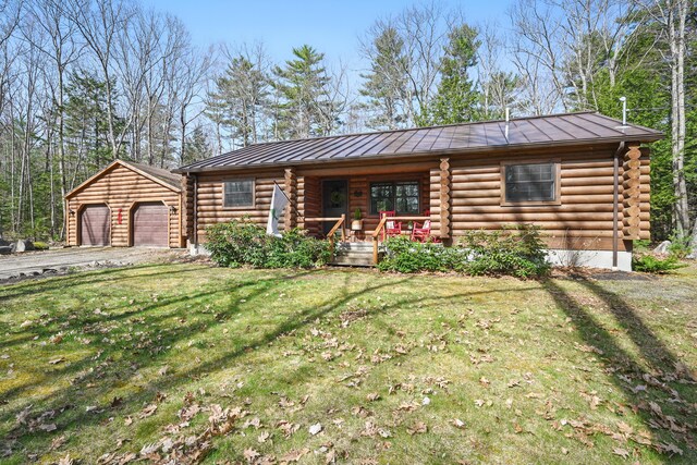 370 Point Rd, Belgrade, ME 04917 - cabin featuring a standing seam roof, covered porch, log siding, and a front yard
