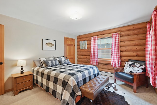 370 Point Rd, Belgrade, ME 04917 - bedroom with log walls, a baseboard heating unit, and light carpet