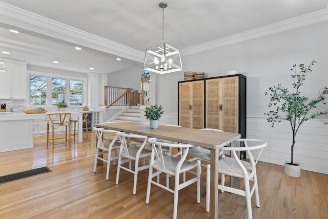 36 Fort Hill Ave, York, ME 03909 - dining area with visible vents, stairs, ornamental molding, recessed lighting, and light wood-style flooring