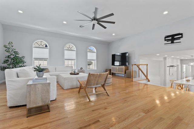 36 Fort Hill Ave, York, ME 03909 - living area featuring recessed lighting, light wood finished floors, ceiling fan, and a high ceiling