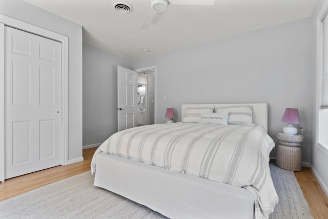 36 Fort Hill Ave, York, ME 03909 - bedroom featuring visible vents, a ceiling fan, baseboards, and wood finished floors