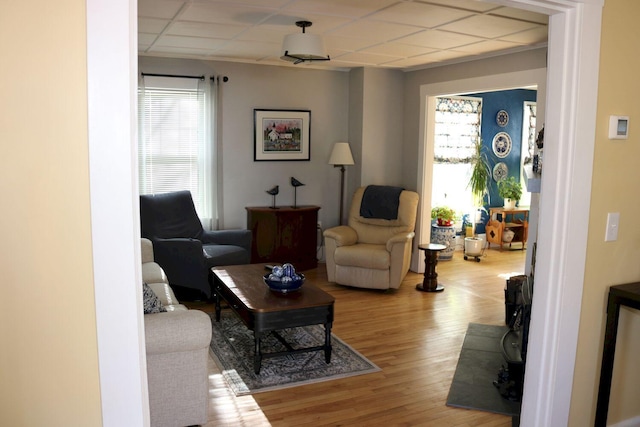 living room featuring a drop ceiling, wood finished floors, and plenty of natural light
