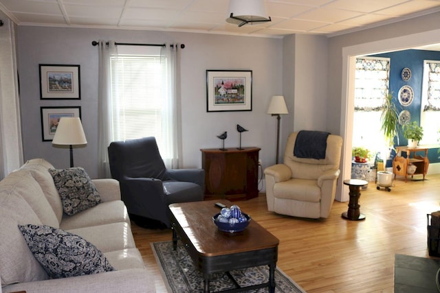 living room with plenty of natural light, ornamental molding, and wood finished floors