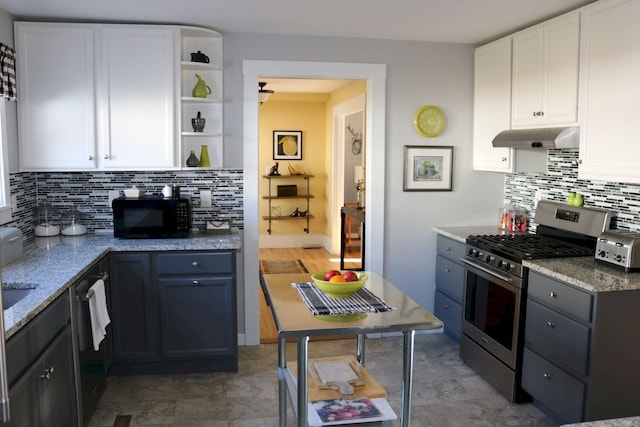 kitchen featuring open shelves, white cabinetry, decorative backsplash, under cabinet range hood, and black appliances
