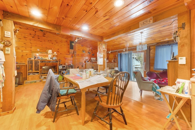 224 Branch Rd, Wells, ME 04090 - dining space with wooden ceiling, wood finished floors, wooden walls, vaulted ceiling, and recessed lighting