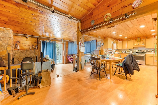 224 Branch Rd, Wells, ME 04090 - dining space with wood ceiling, light wood-style flooring, vaulted ceiling, and wood walls
