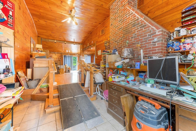 224 Branch Rd, Wells, ME 04090 - tiled office with wooden walls, lofted ceiling, wood ceiling, and ceiling fan