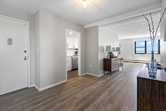45 Eastern Promenade Unit 1E, Portland, ME 04101 - entrance foyer with baseboards, dark wood-style floors, and a baseboard radiator