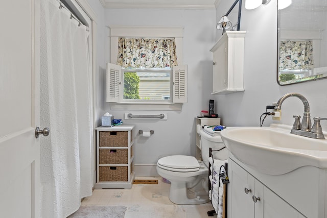 31 Church St, Yarmouth, ME 04096 - full bathroom with vanity, toilet, crown molding, baseboards, and a shower with curtain