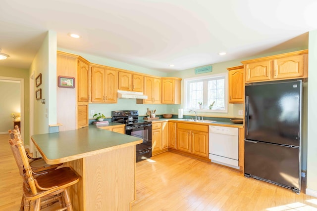 kitchen with a sink, light brown cabinets, and black appliances