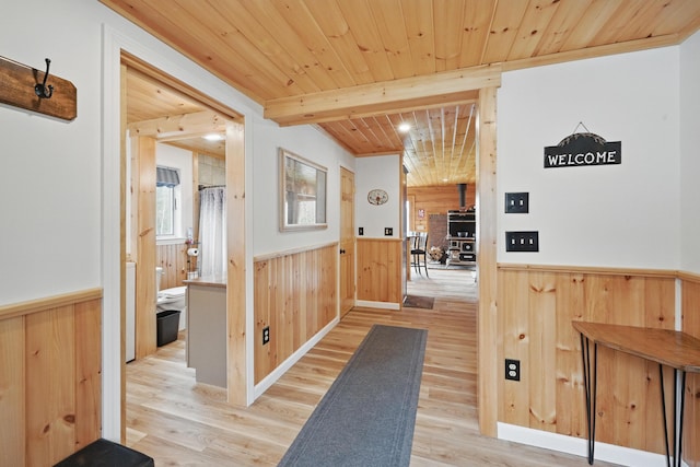 17 Kokadjo N Rd, Frenchtown Twp, ME 04441 - corridor with wooden walls, wainscoting, wood finished floors, wood ceiling, and beamed ceiling