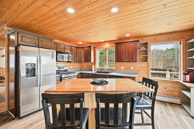 17 Kokadjo N Rd, Frenchtown Twp, ME 04441 - kitchen featuring appliances with stainless steel finishes, open shelves, wood ceiling, a baseboard radiator, and a sink