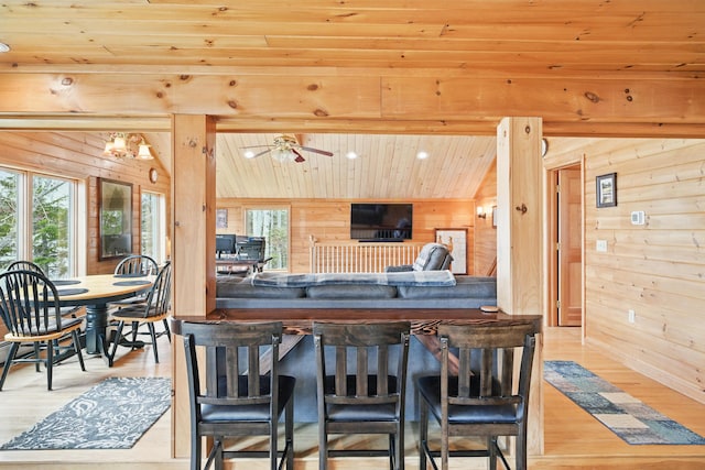 17 Kokadjo N Rd, Frenchtown Twp, ME 04441 - dining area with wooden walls, healthy amount of natural light, wooden ceiling, wood finished floors, and a ceiling fan
