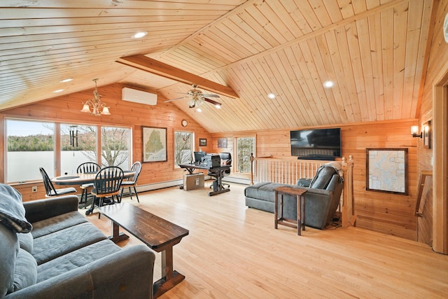 17 Kokadjo N Rd, Frenchtown Twp, ME 04441 - living area featuring wood walls, vaulted ceiling, wood ceiling, a wall unit AC, and light wood-type flooring