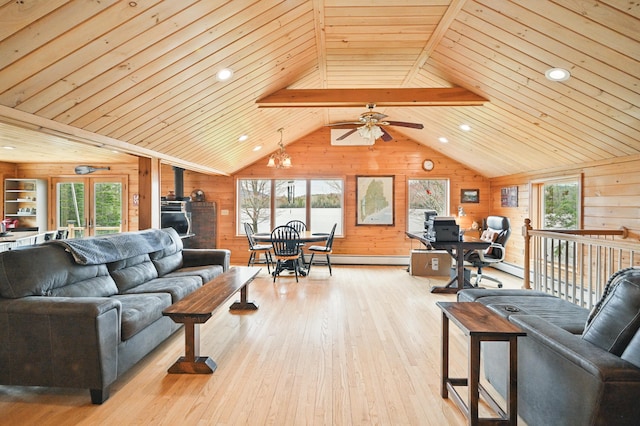 17 Kokadjo N Rd, Frenchtown Twp, ME 04441 - living room with wood walls, hardwood / wood-style floors, wood ceiling, ceiling fan, and a wood stove