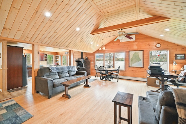 17 Kokadjo N Rd, Frenchtown Twp, ME 04441 - living room featuring a wood stove, wood walls, vaulted ceiling, a baseboard radiator, and a ceiling fan