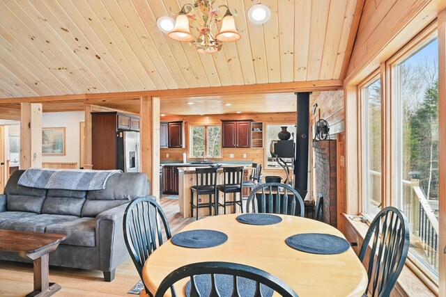 17 Kokadjo N Rd, Frenchtown Twp, ME 04441 - dining room with light wood-style flooring, a chandelier, and wooden ceiling