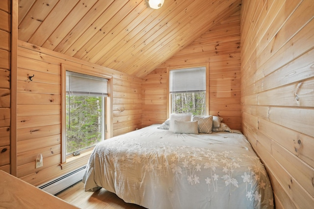 17 Kokadjo N Rd, Frenchtown Twp, ME 04441 - bedroom with baseboard heating, vaulted ceiling, and wooden walls