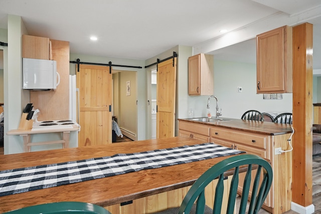 17 Kokadjo N Rd, Frenchtown Twp, ME 04441 - kitchen with white microwave, a sink, a barn door, recessed lighting, and baseboard heating