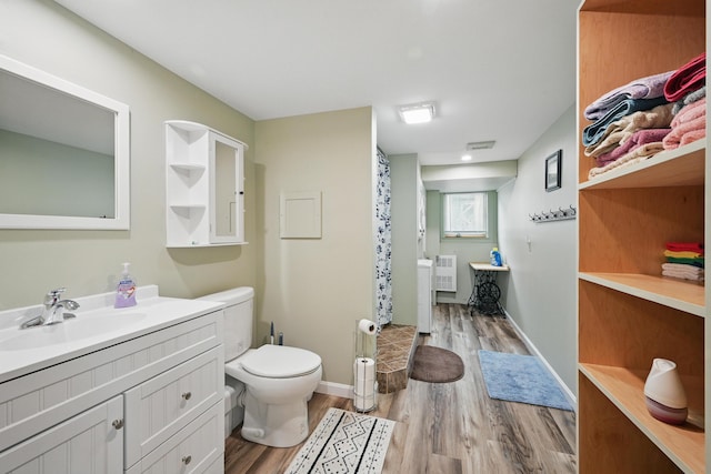 17 Kokadjo N Rd, Frenchtown Twp, ME 04441 - bathroom with wood finished floors, toilet, vanity, and a shower with shower curtain