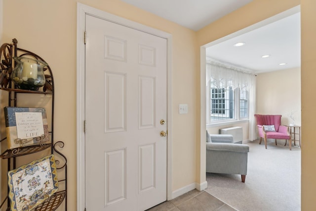 66 Colonial Vlg Unit 66, Falmouth, ME 04105 - foyer entrance featuring light carpet, baseboards, and recessed lighting