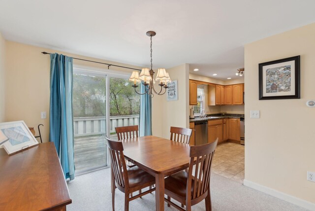 66 Colonial Vlg Unit 66, Falmouth, ME 04105 - dining room with baseboards, an inviting chandelier, recessed lighting, and light colored carpet
