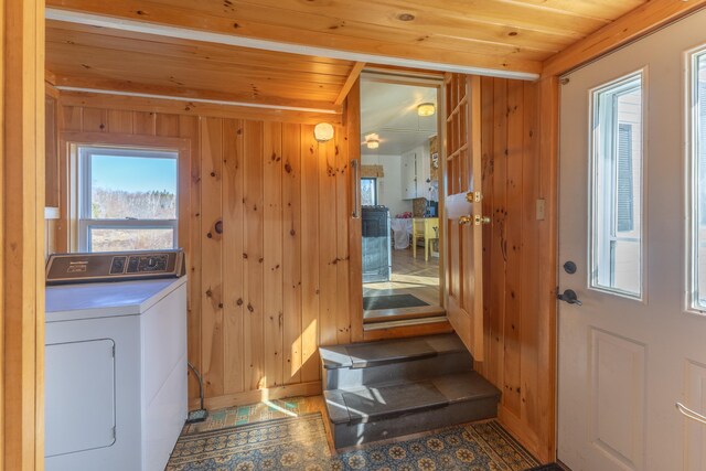 1357 Indian River Rd, Addison, ME 04606 - clothes washing area featuring washer / dryer, wood ceiling, plenty of natural light, and wooden walls