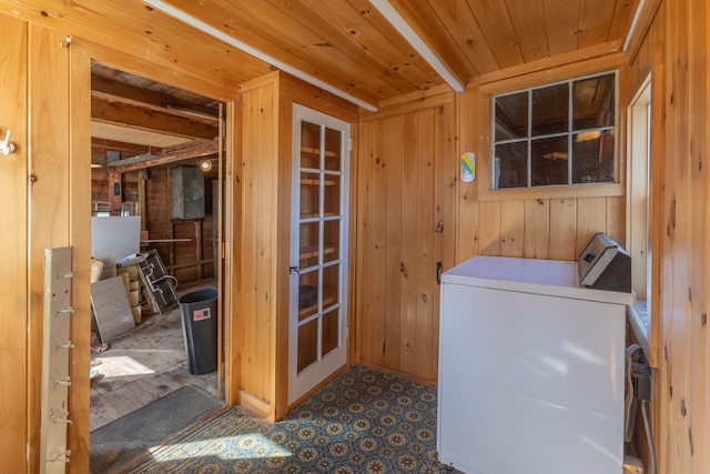 1357 Indian River Rd, Addison, ME 04606 - clothes washing area with washer / dryer, wood walls, and wooden ceiling