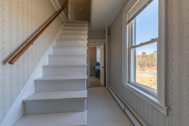 1357 Indian River Rd, Addison, ME 04606 - stairway featuring wallpapered walls and baseboard heating