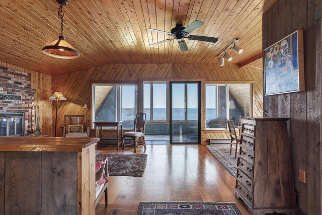 8 Linnell Dr, Harpswell, ME 04003 - living room with lofted ceiling, wood walls, track lighting, wooden ceiling, and ceiling fan