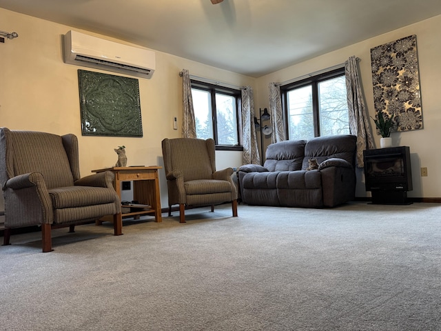 3043 W Chapman Rd, Mapleton, ME 04757 - carpeted living area with a wood stove, an AC wall unit, and a wealth of natural light