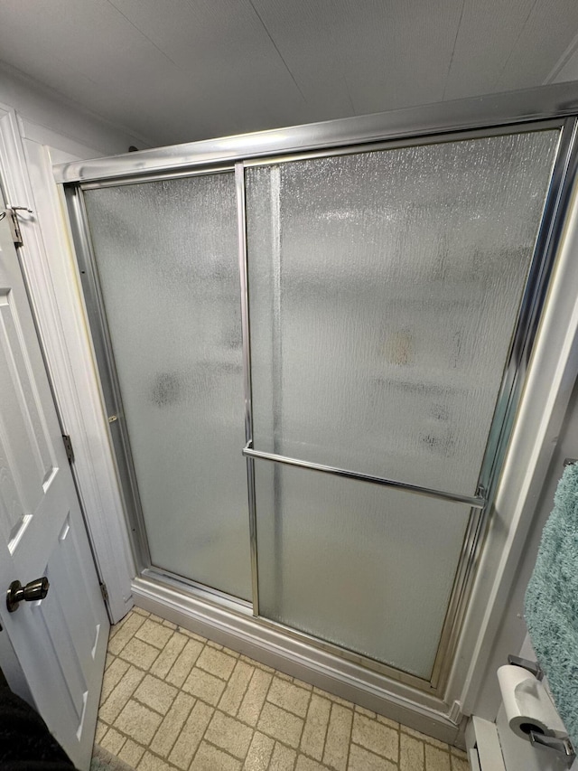 3043 W Chapman Rd, Mapleton, ME 04757 - bathroom featuring a shower stall and brick patterned floor