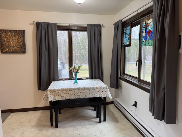 3043 W Chapman Rd, Mapleton, ME 04757 - dining space with baseboards, a baseboard radiator, and a healthy amount of sunlight