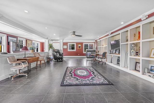 sitting room with ceiling fan, ornamental molding, tile patterned flooring, and recessed lighting