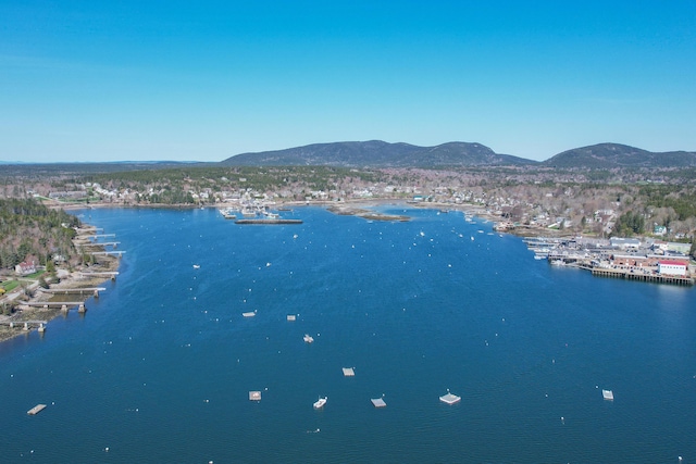 birds eye view of property featuring a water and mountain view